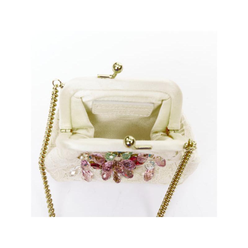 DOLCE GABBANA cream lace multicolour stone beaded kisslock chain micro bag en venta 4