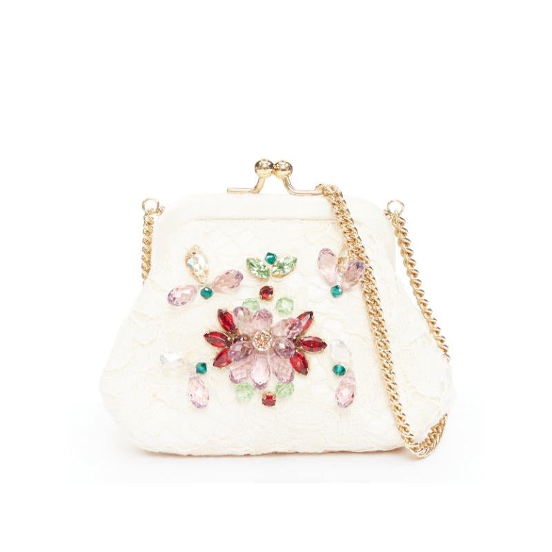 DOLCE GABBANA cream lace multicolour stone beaded kisslock chain micro bag en venta