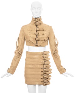 Dolce & Gabbana cream leather buckled cropped jacket and mini skirt, ss 2003