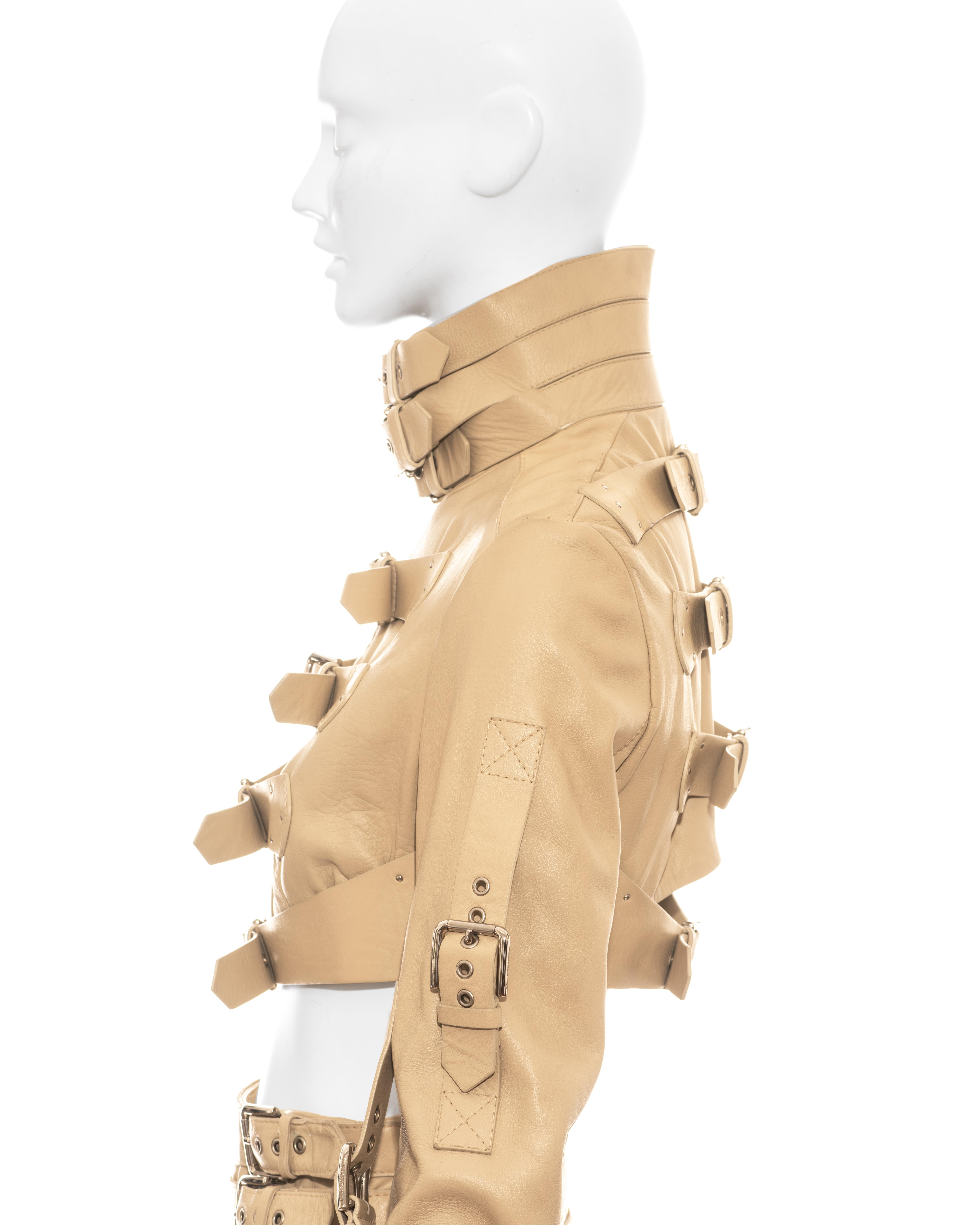 Beige Dolce & Gabbana cream leather buckled cropped jacket and mini skirt, ss 2003