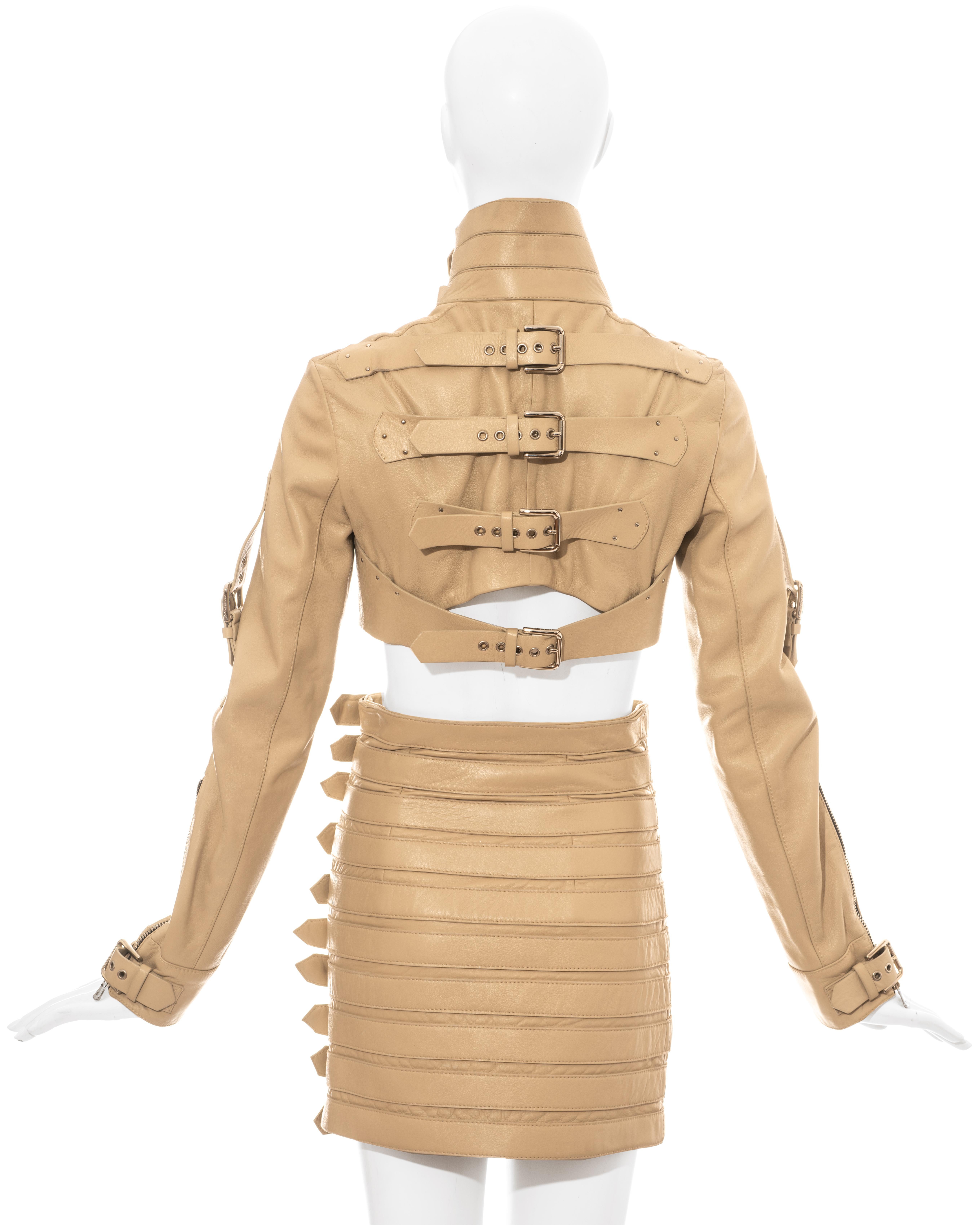 Dolce & Gabbana cream leather buckled cropped jacket and mini skirt, ss 2003 In New Condition In London, GB