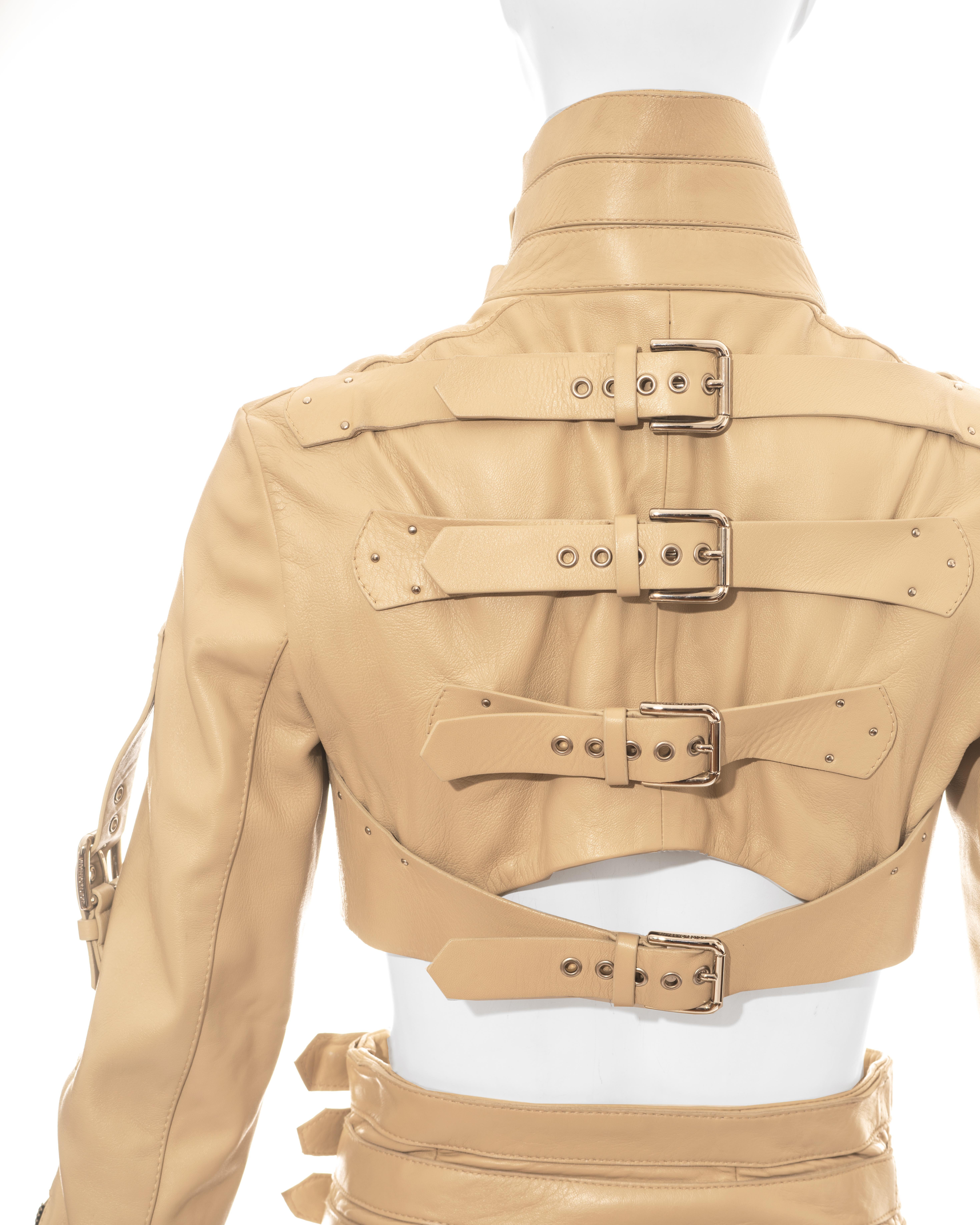 Women's Dolce & Gabbana cream leather buckled cropped jacket and mini skirt, ss 2003