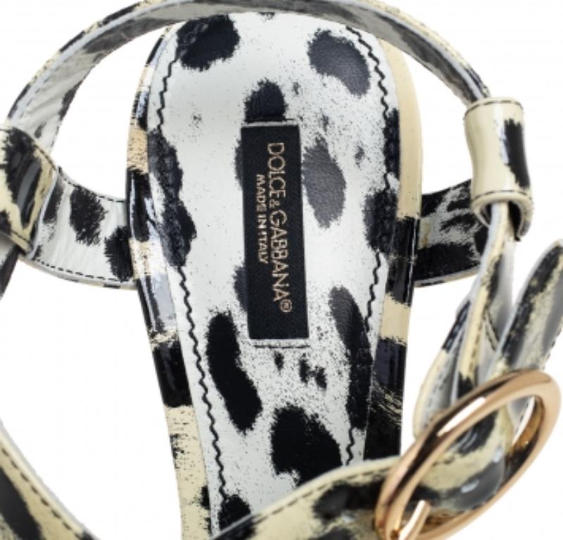 Beige Dolce & Gabbana Cream/Leather Leopard Print Ankle Strap Platform Sandals Size 40