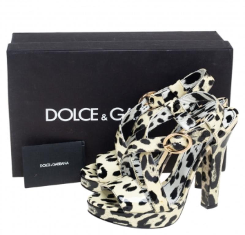 Women's Dolce & Gabbana Cream/Leather Leopard Print Ankle Strap Platform Sandals Size 40