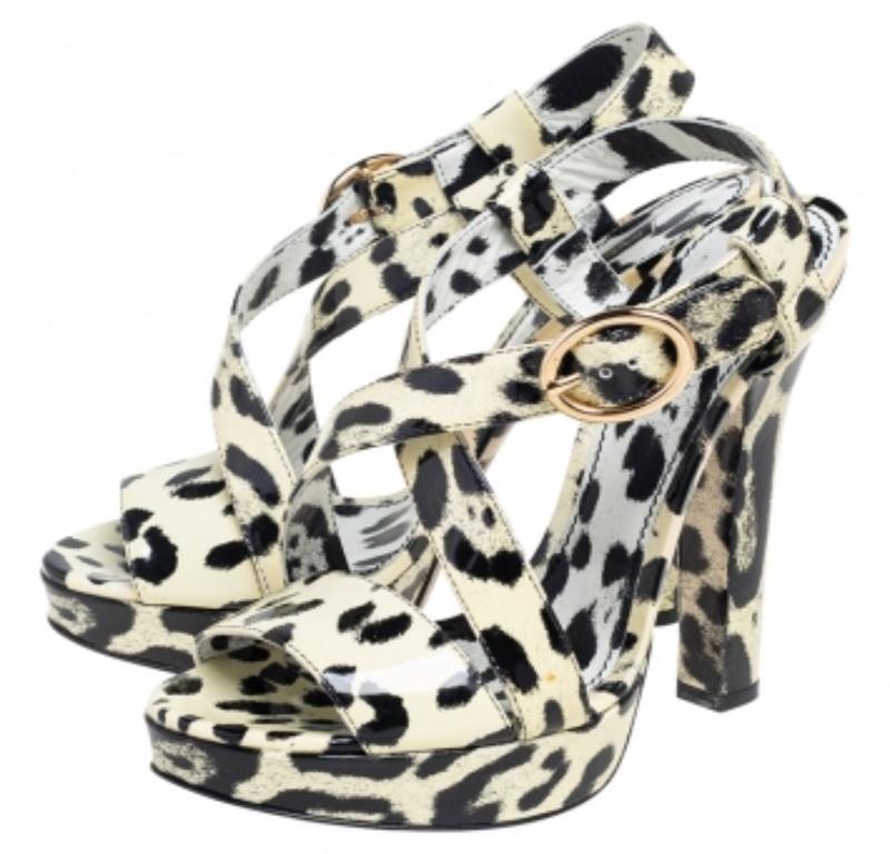 Dolce & Gabbana Cream/Leather Leopard Print Ankle Strap Platform Sandals Size 40 2