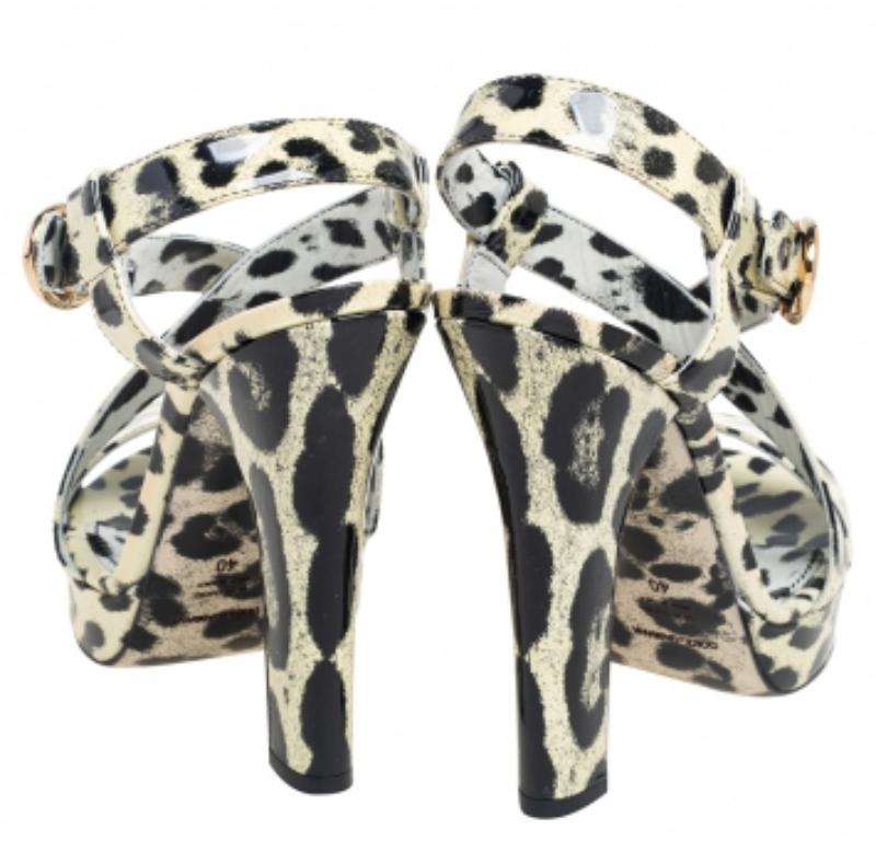 Dolce & Gabbana Cream/Leather Leopard Print Ankle Strap Platform Sandals Size 40 4