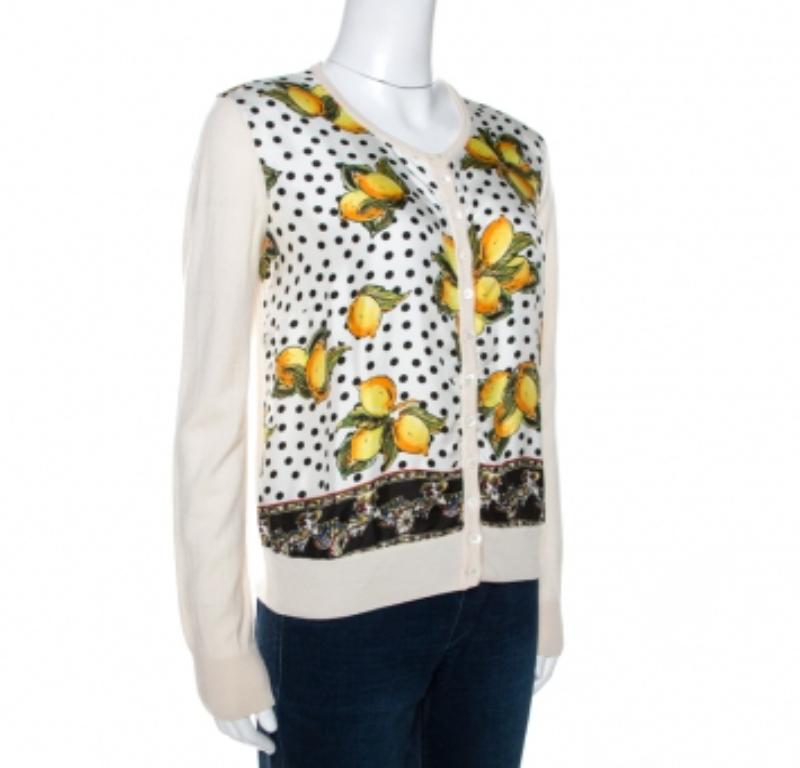 Dolce & Gabbana Creme Zitrone Druck Seide Wolle Strickjacke M Damen im Angebot
