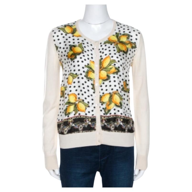 Dolce & Gabbana Creme Zitrone Druck Seide Wolle Strickjacke M im Angebot