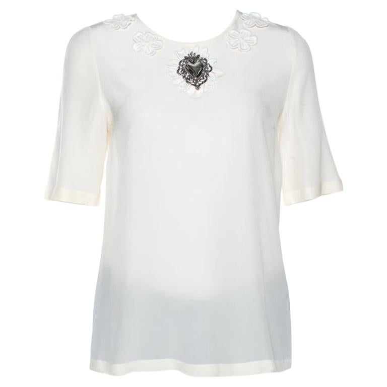 Dolce & Gabbana Cream Silk Floral Applique Detail Short Sleeve Top S