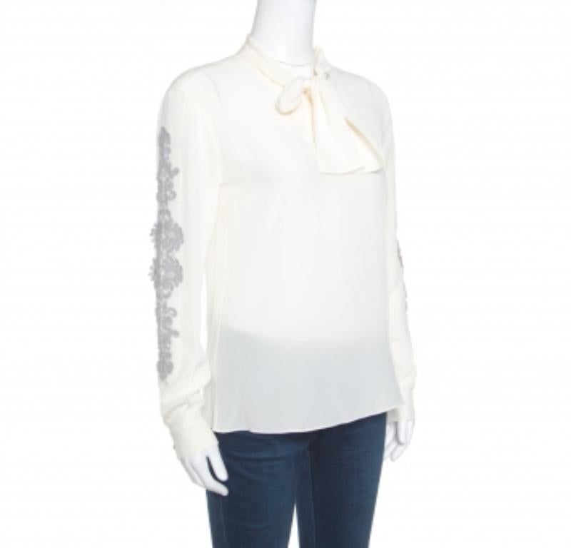 De las mujeres Dolce & Gabbana Blusa con detalle de lazo y apliques de encaje de seda color crema S en venta