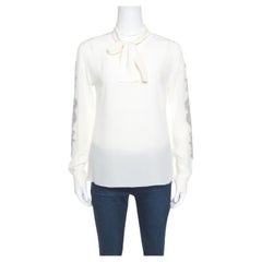 Dolce & Gabbana Cream Silk Lace Applique Bow Tie Detail Blouse S