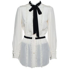 Dolce & Gabbana Cream Silk & Lace Contrast Neck Tie Detail Tunic S
