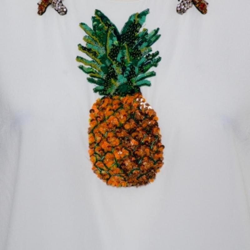 Dolce & Gabbana Cream Silk Sequin Embellished Trim Blouse M In Good Condition For Sale In Dubai, Al Qouz 2