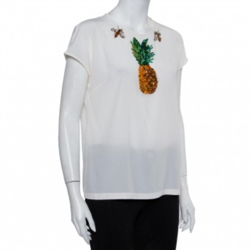 Women's Dolce & Gabbana Cream Silk Sequin Embellished Trim Blouse M For Sale