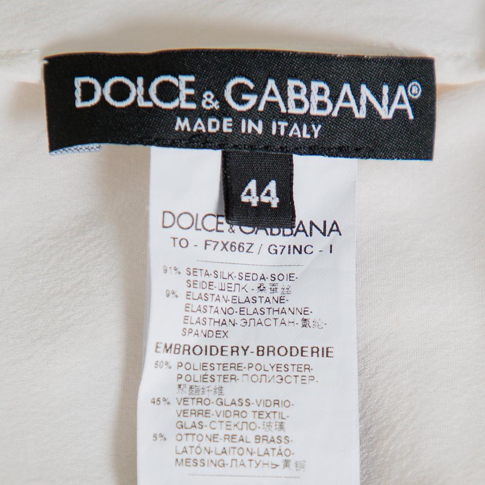 Dolce & Gabbana Cream Silk Sequin Embellished Trim Blouse M In Good Condition For Sale In Dubai, Al Qouz 2