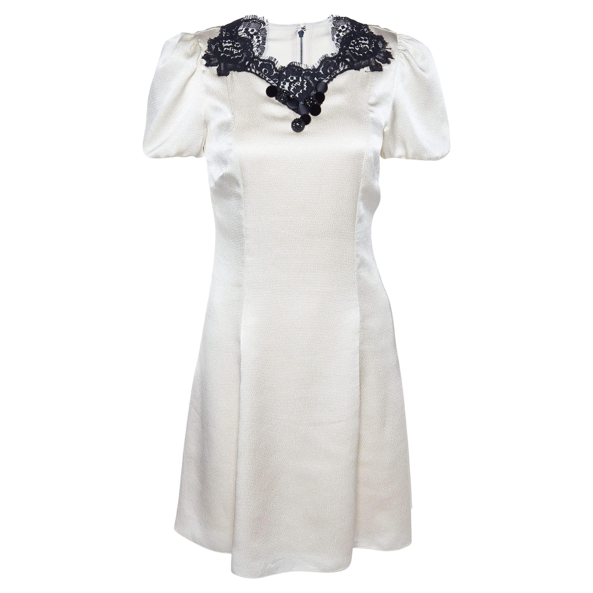 Dolce & Gabbana Cream Textured Satin Contrast Detail Min Dress S