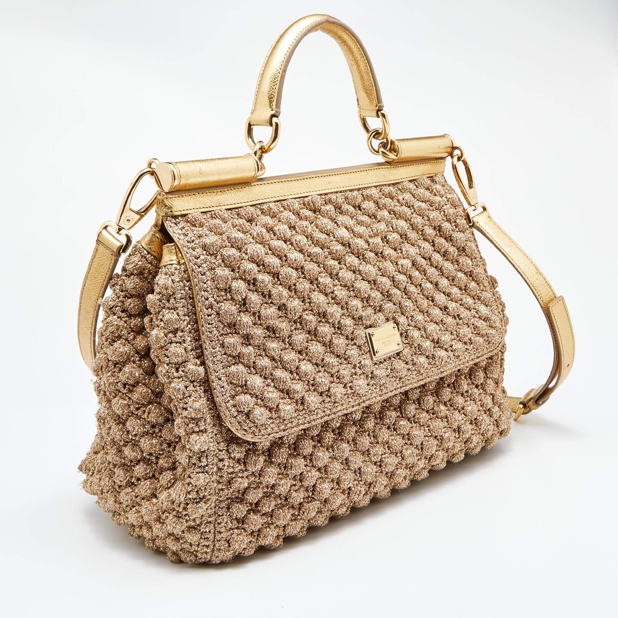 Dolce & Gabbana Crochet Fabric and Leather Large Miss Sicily Top Handle Bag In Fair Condition In Dubai, Al Qouz 2