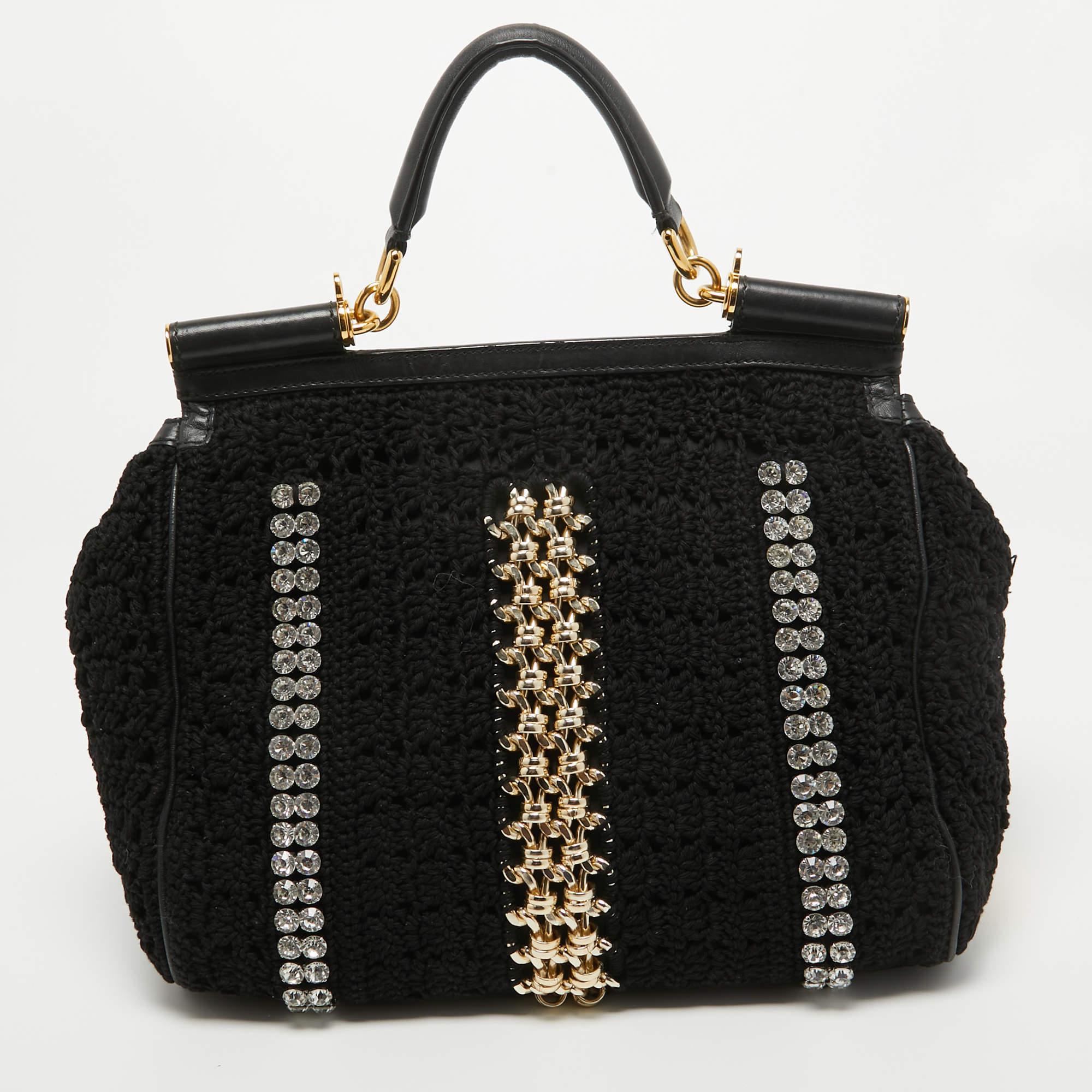 Dolce & Gabbana Crochet Fabric Crystal and Chain Miss Sicily Top Handle Bag In Good Condition For Sale In Dubai, Al Qouz 2