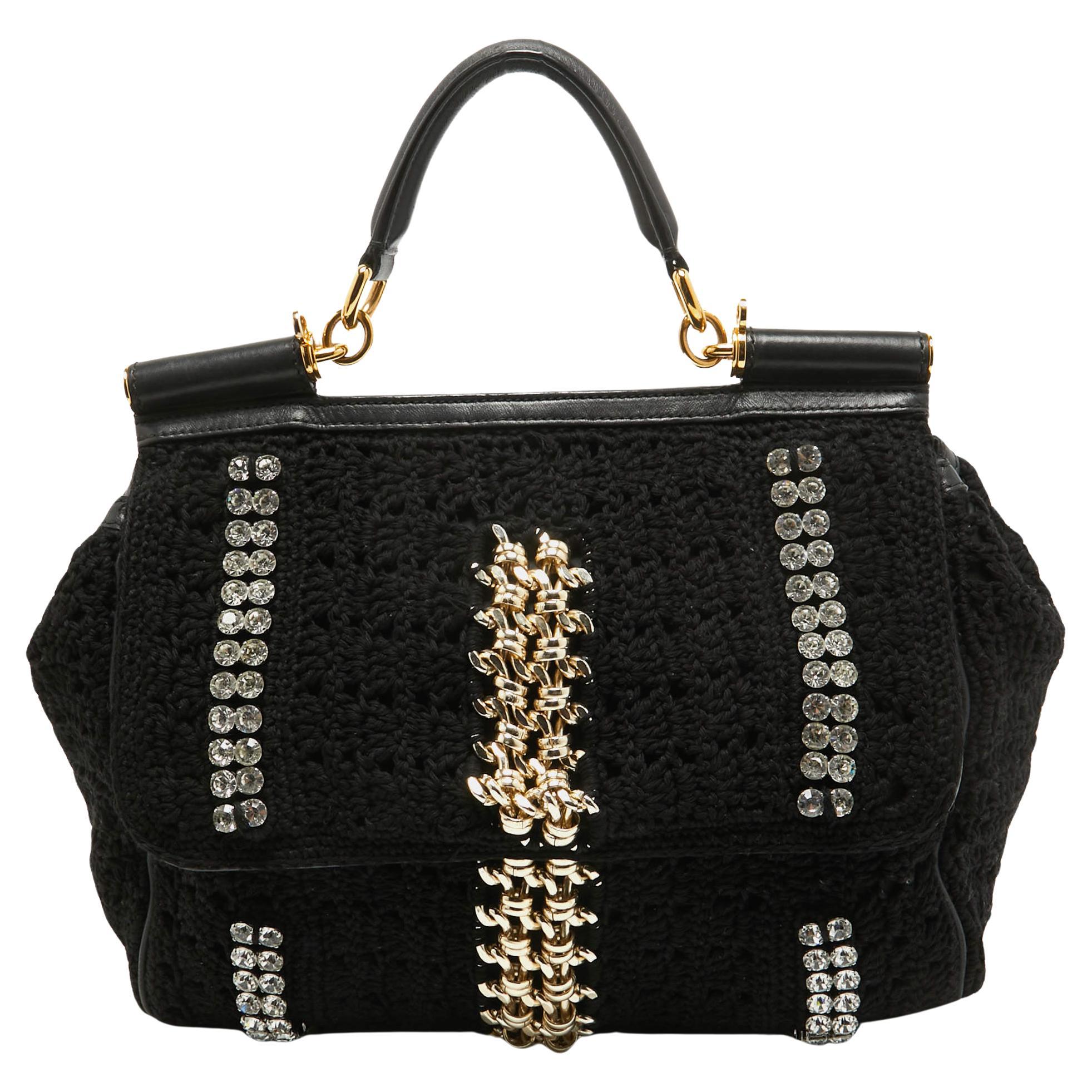 Dolce & Gabbana Crochet Fabric Crystal and Chain Miss Sicily Top Handle Bag For Sale