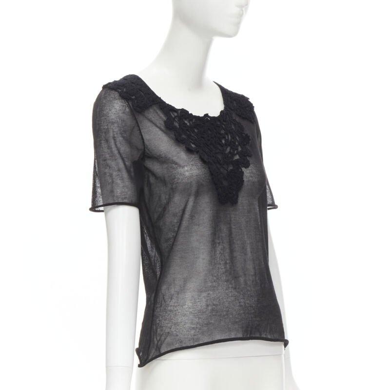 Gray DOLCE GABBANA crochet lace sheer rolled edges fine knit cotton top IT40 S For Sale