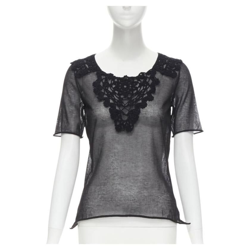 DOLCE GABBANA crochet lace sheer rolled edges fine knit cotton top IT40 S For Sale