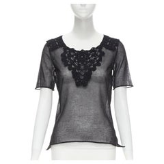 DOLCE GABBANA crochet lace sheer rolled edges fine knit cotton top IT40 S
