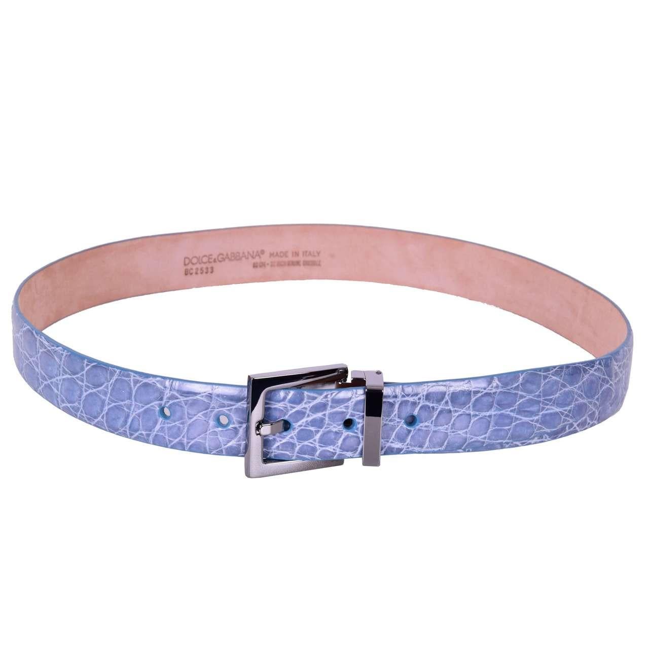 - Crocodile Leather (Caiman) belt with removable metal buckle in light blue by DOLCE & GABBANA Black Label - New with tag and dustbag - MADE IN ITALY - Former RRP: EUR 475 - Model: BC2633-A2856-80670 - Material: 100% Caiman - Width: 2,7 cm - Color: