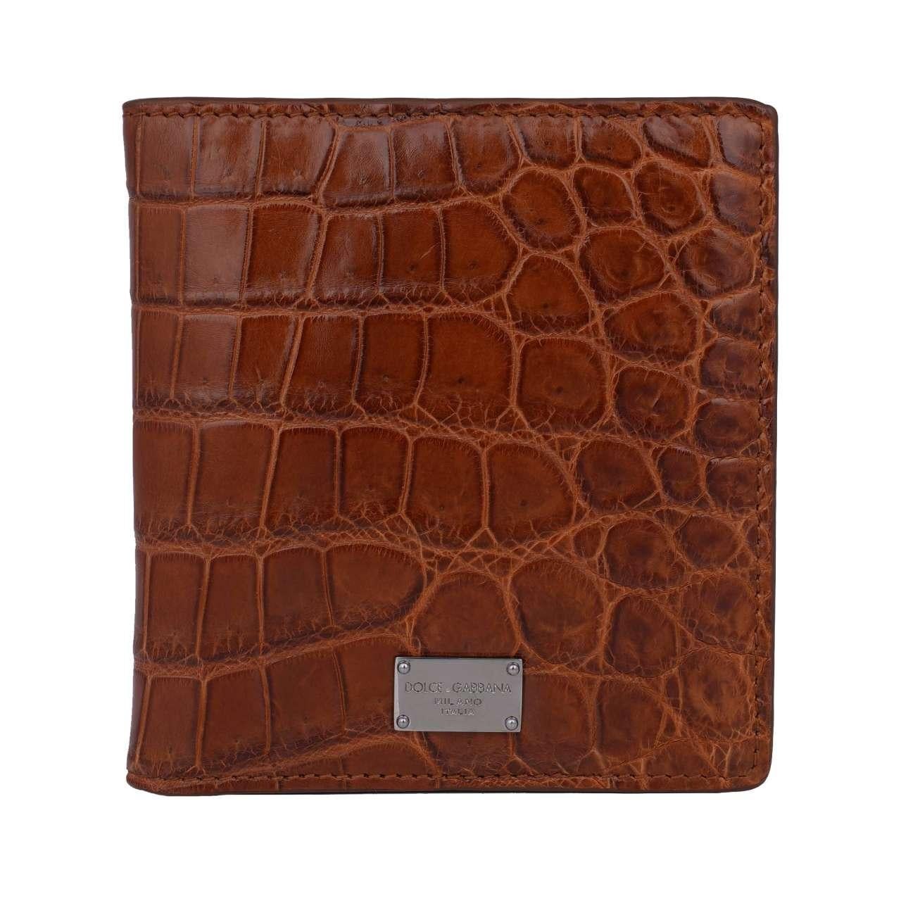 Dolce & Gabbana - Crocodile Leather Cards Wallet with Logo Plate Brown For Sale