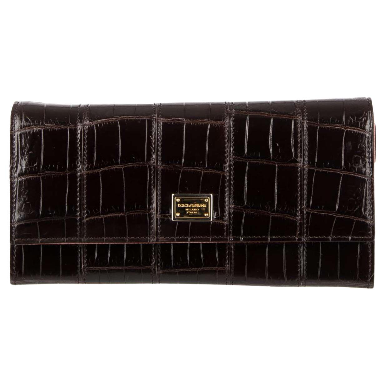 Dolce & Gabbana - Crocodile Leather Long Wallet with Logo Brown For Sale