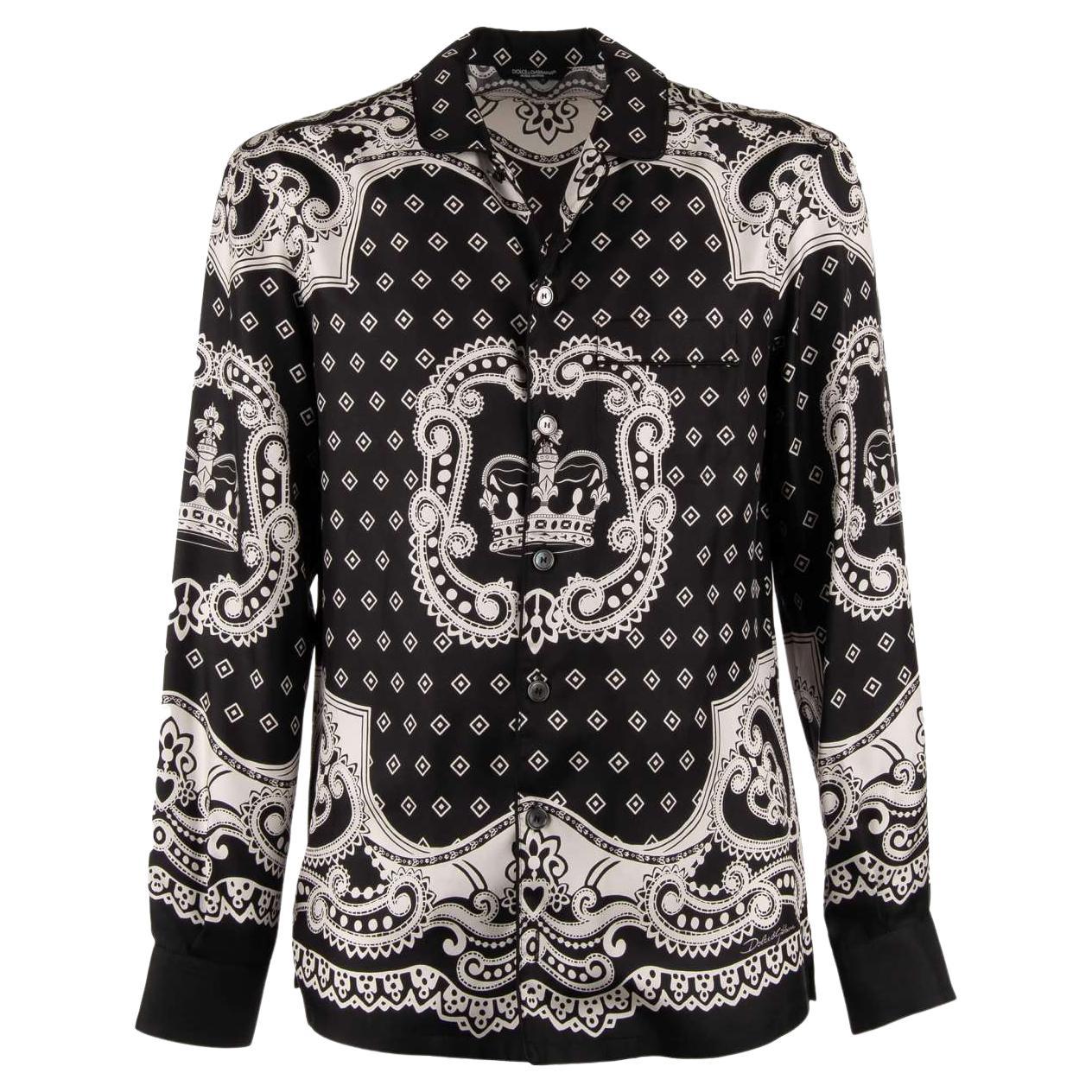 Dolce & Gabbana Crown Geometric Pattern Silk Shirt Black White 37/14.5 For Sale
