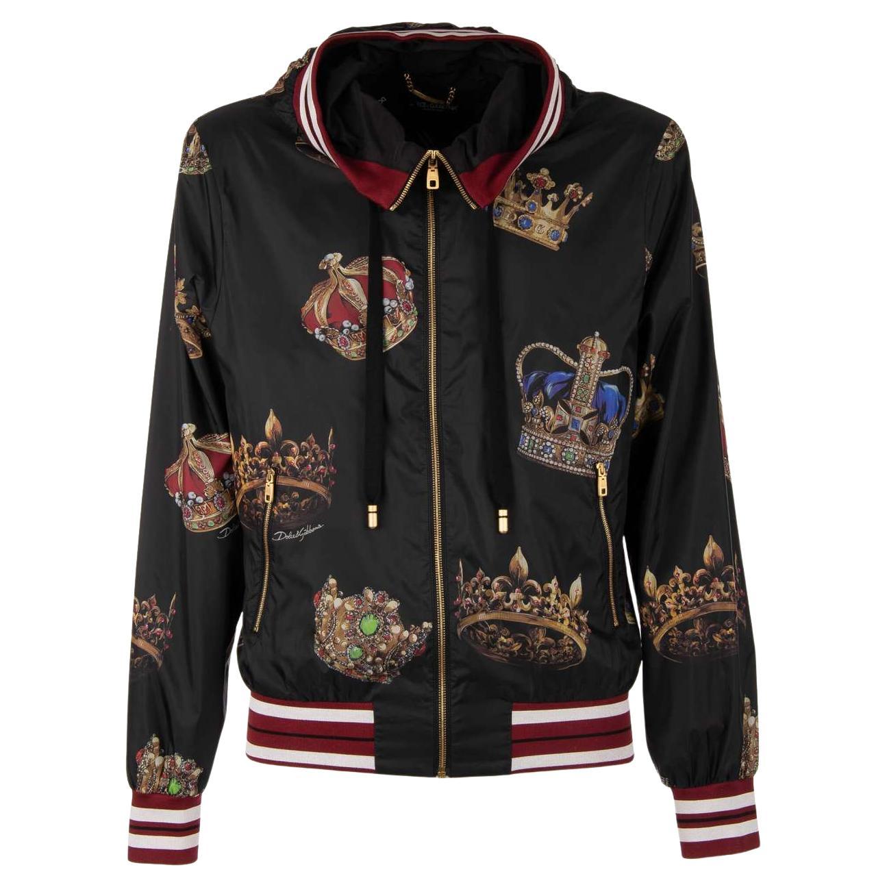 Dolce & Gabbana Crown Printed Bomber Jacket with Hoody and Pockets Black 48 M For Sale