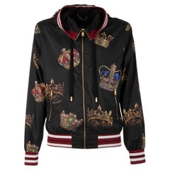 Dolce & Gabbana Crown Printed Bomber Jacket with Hoody and Pockets Black 48 M