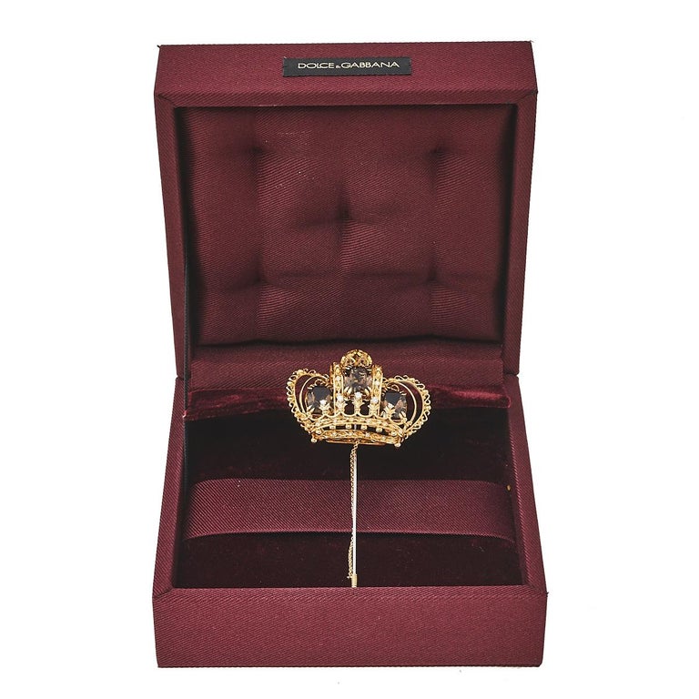 Dolce Gabbana Crown Smoky Quartz Diamond 18k Yellow Gold Stick Pin Brooch