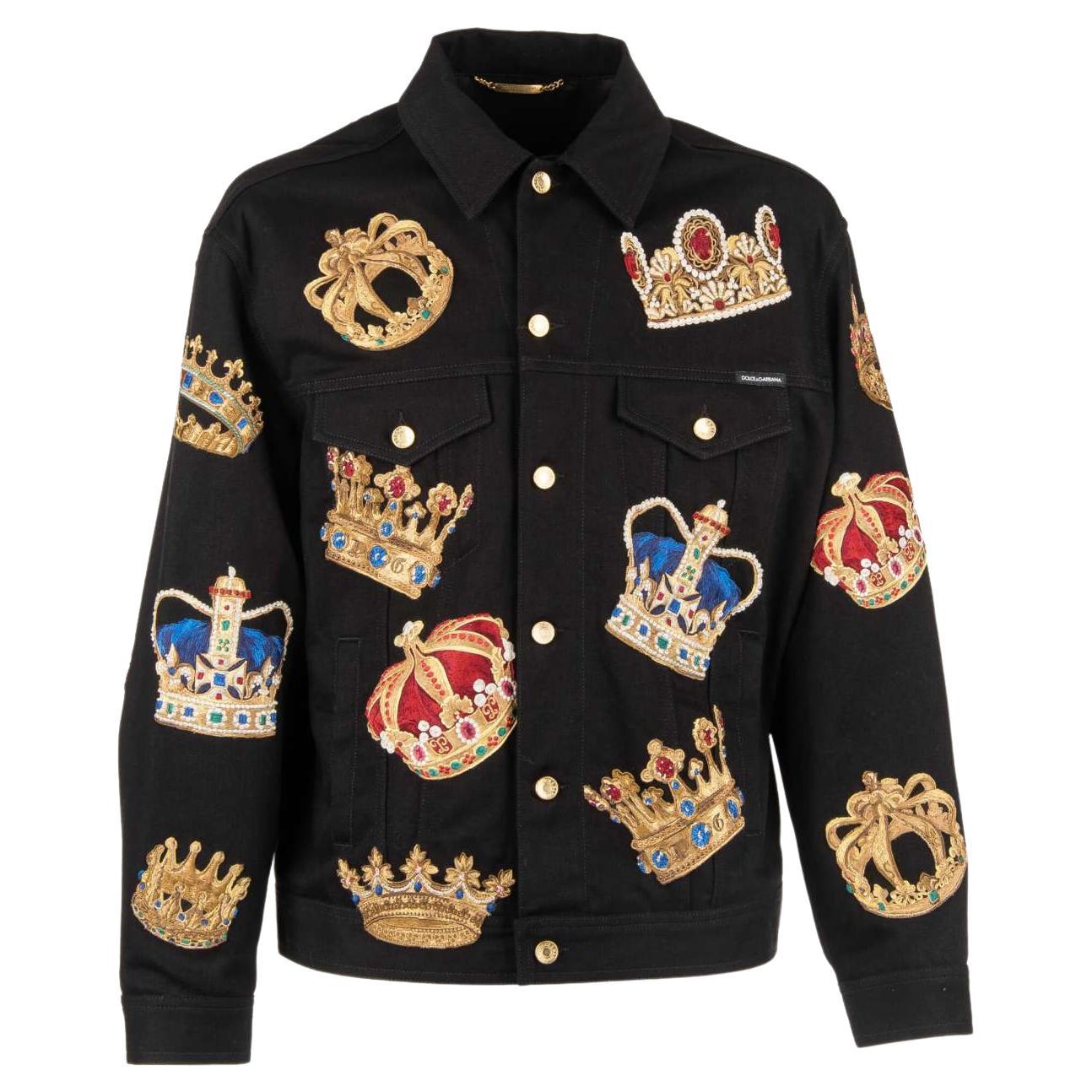 Dolce and Gabbana Crowns Embroidered Denim Jacket with Pockets