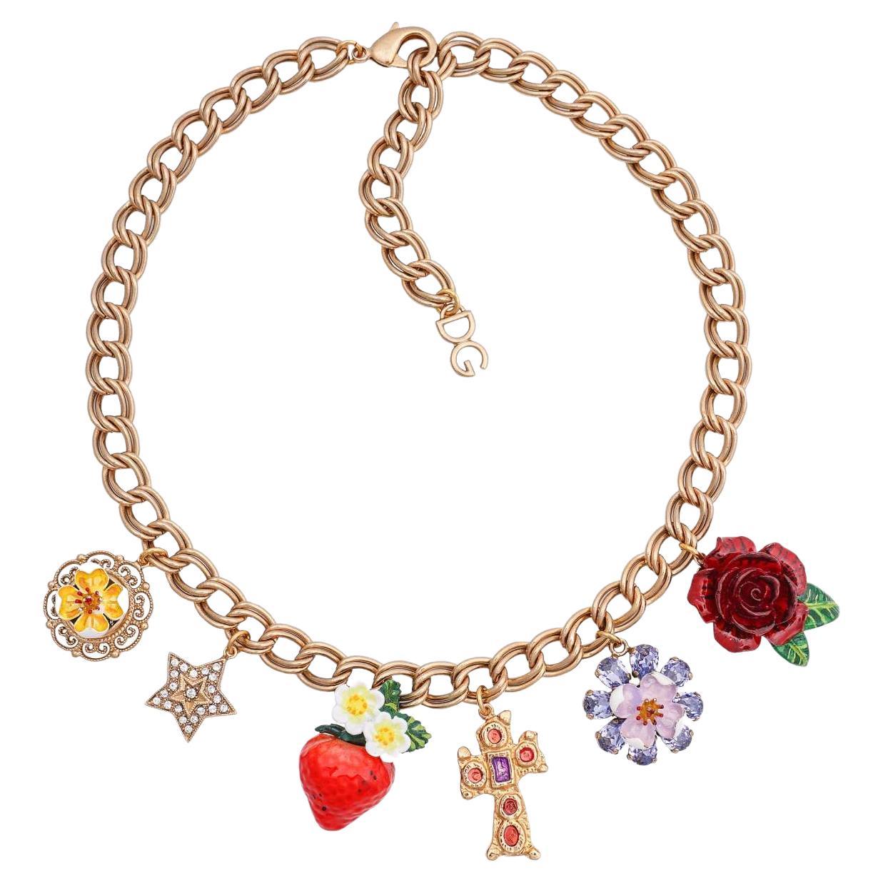 Dolce & Gabbana - Crystal Cross Rose Strawberry Necklace Chocker Gold For Sale