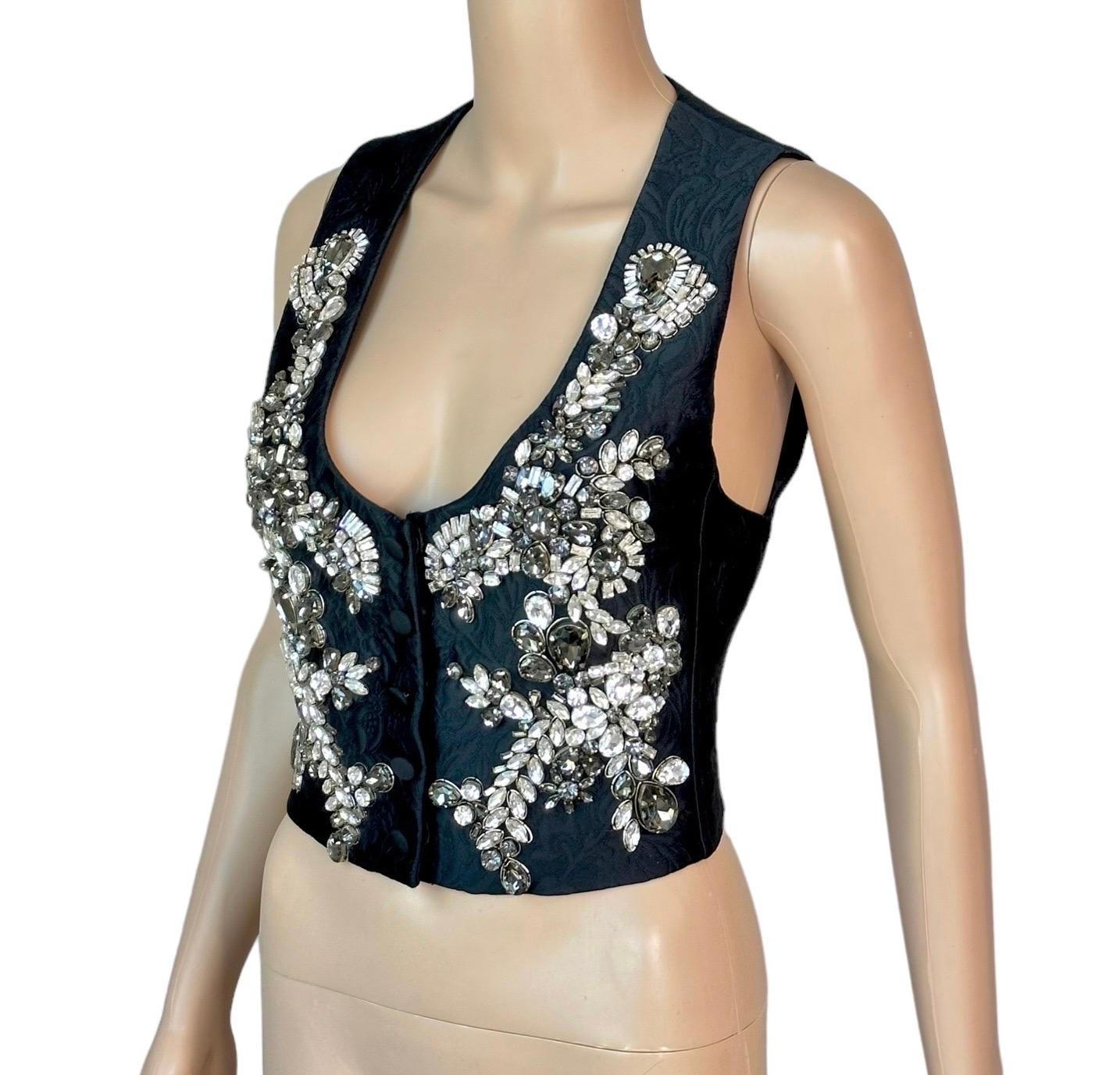 Dolce & Gabbana Crystal Embellished Button-Up Black Vest Crop Top IT 42
