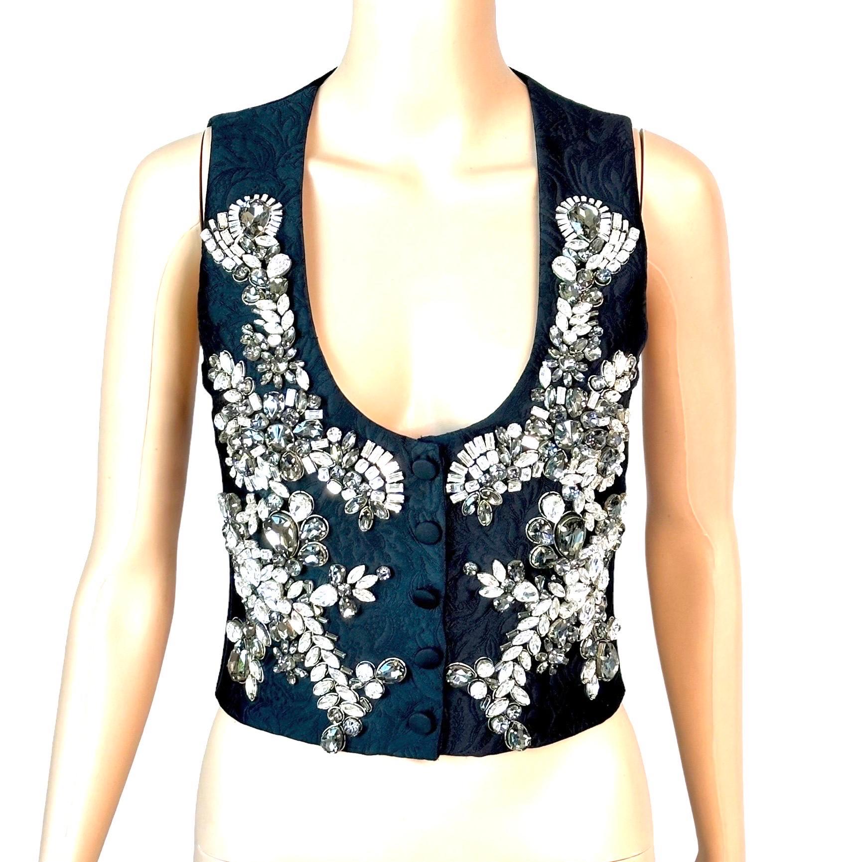 Dolce & Gabbana Crystal Embellished Button-Up Black Vest Crop Top  In Good Condition For Sale In Naples, FL
