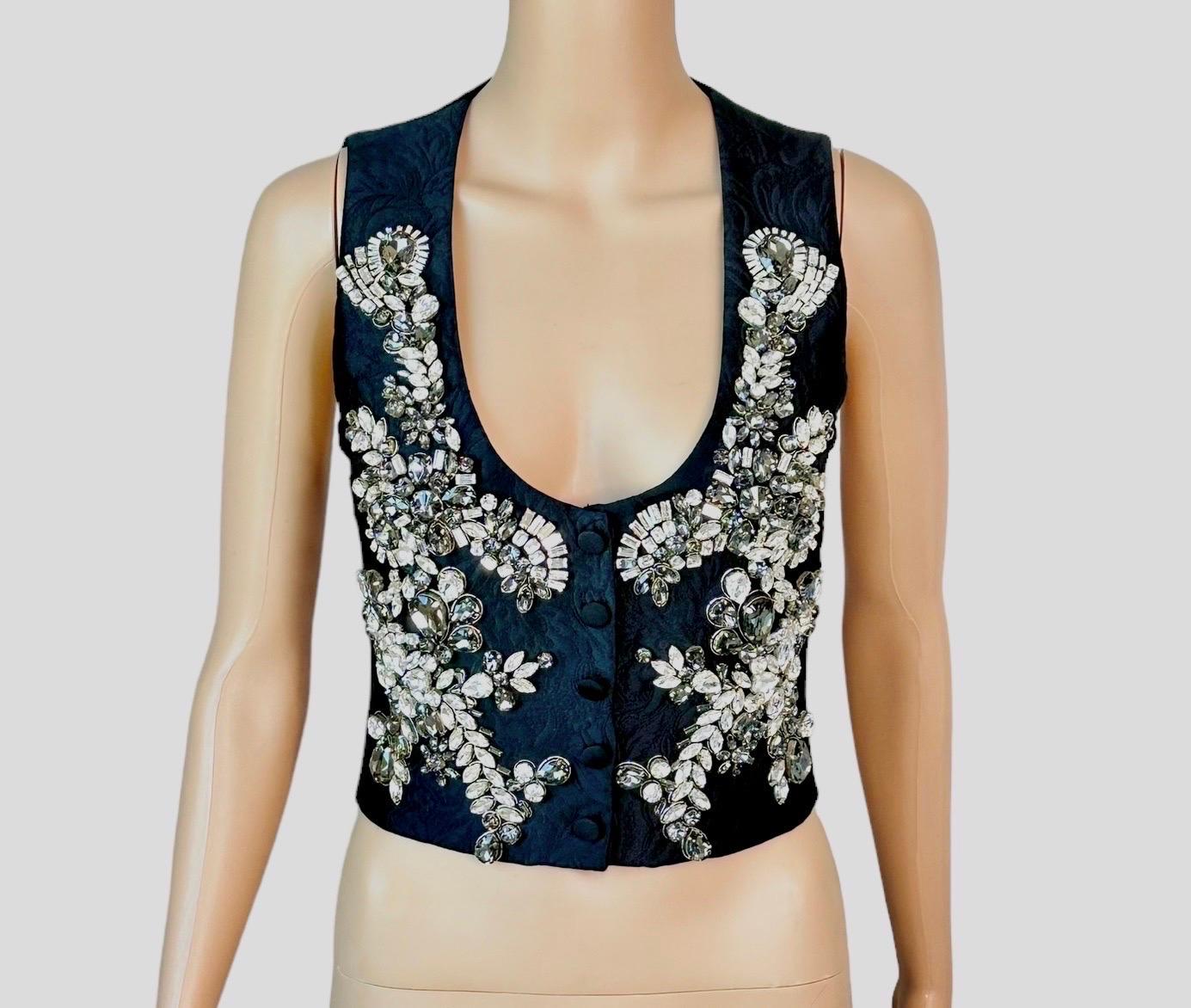 Women's Dolce & Gabbana Crystal Embellished Button-Up Black Vest Crop Top  For Sale