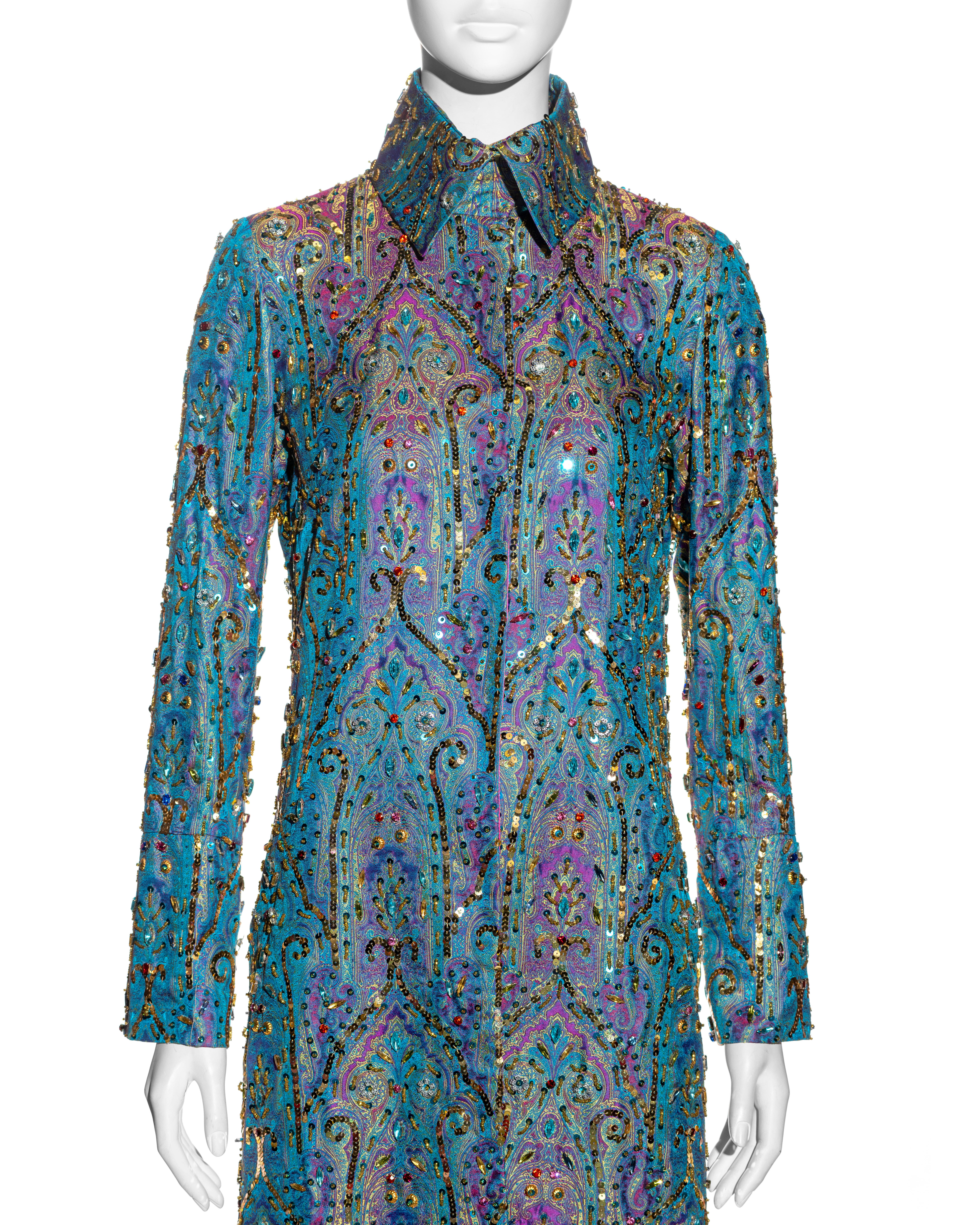 Gray Dolce & Gabbana crystal embellished metallic silk brocade evening coat, ss 2000 For Sale
