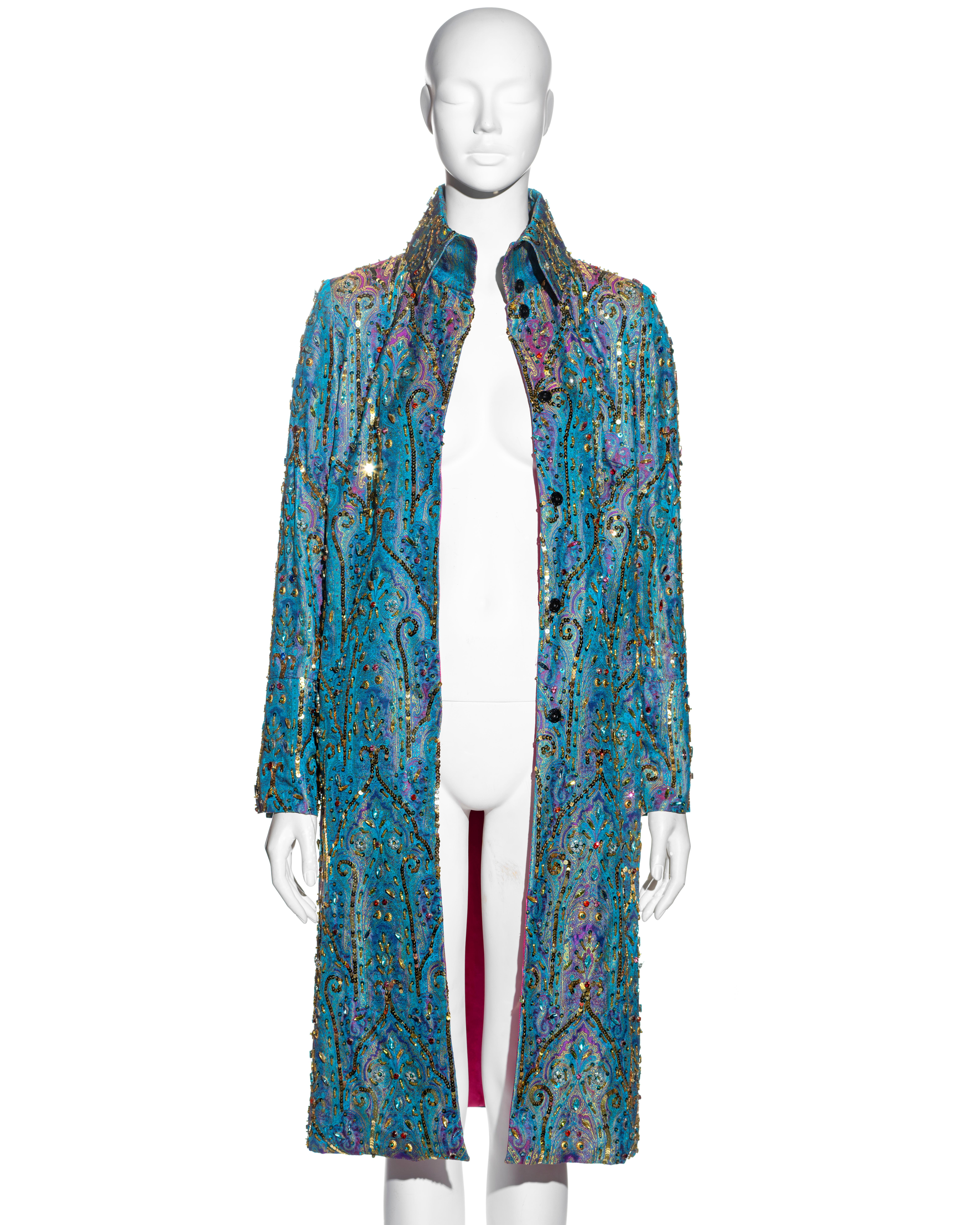 Women's Dolce & Gabbana crystal embellished metallic silk brocade evening coat, ss 2000 For Sale