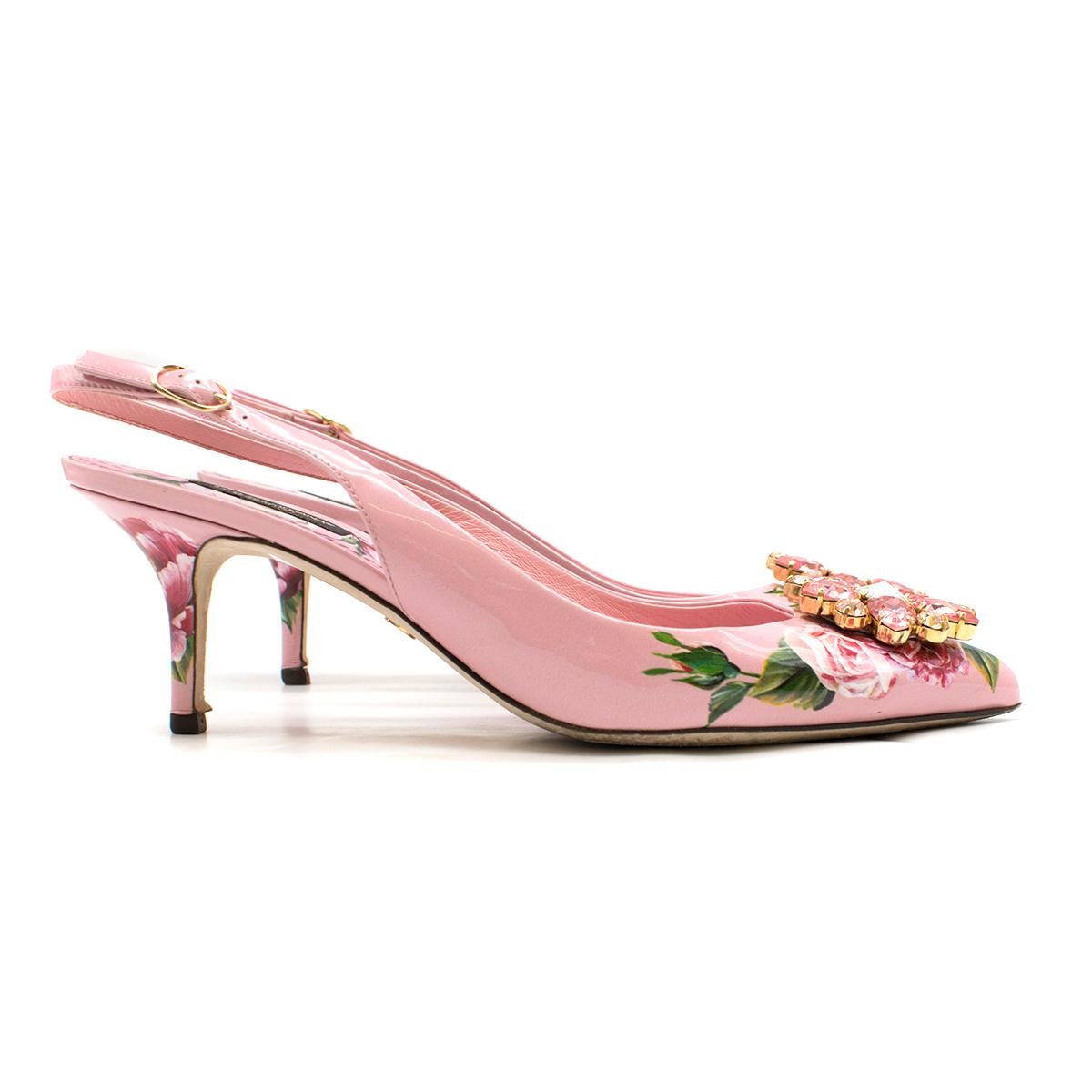 Dolce & Gabbana crystal-embellished pink floral pumps

- Petal-pink, patent leather 
- Tonal-prink and green rose print 
- Light-pink, peach and clear crystal-embellished front feature 
- Adjustable sling-back heel 
- Pink leather lining and insole