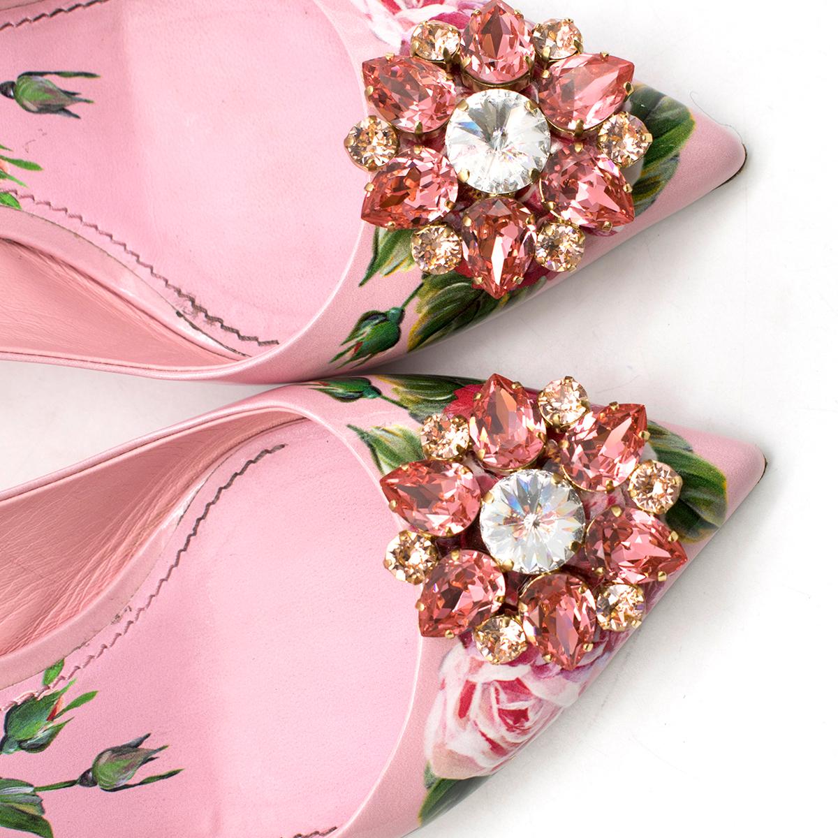 Beige Dolce & Gabbana crystal-embellished pink floral pumps US 9 For Sale