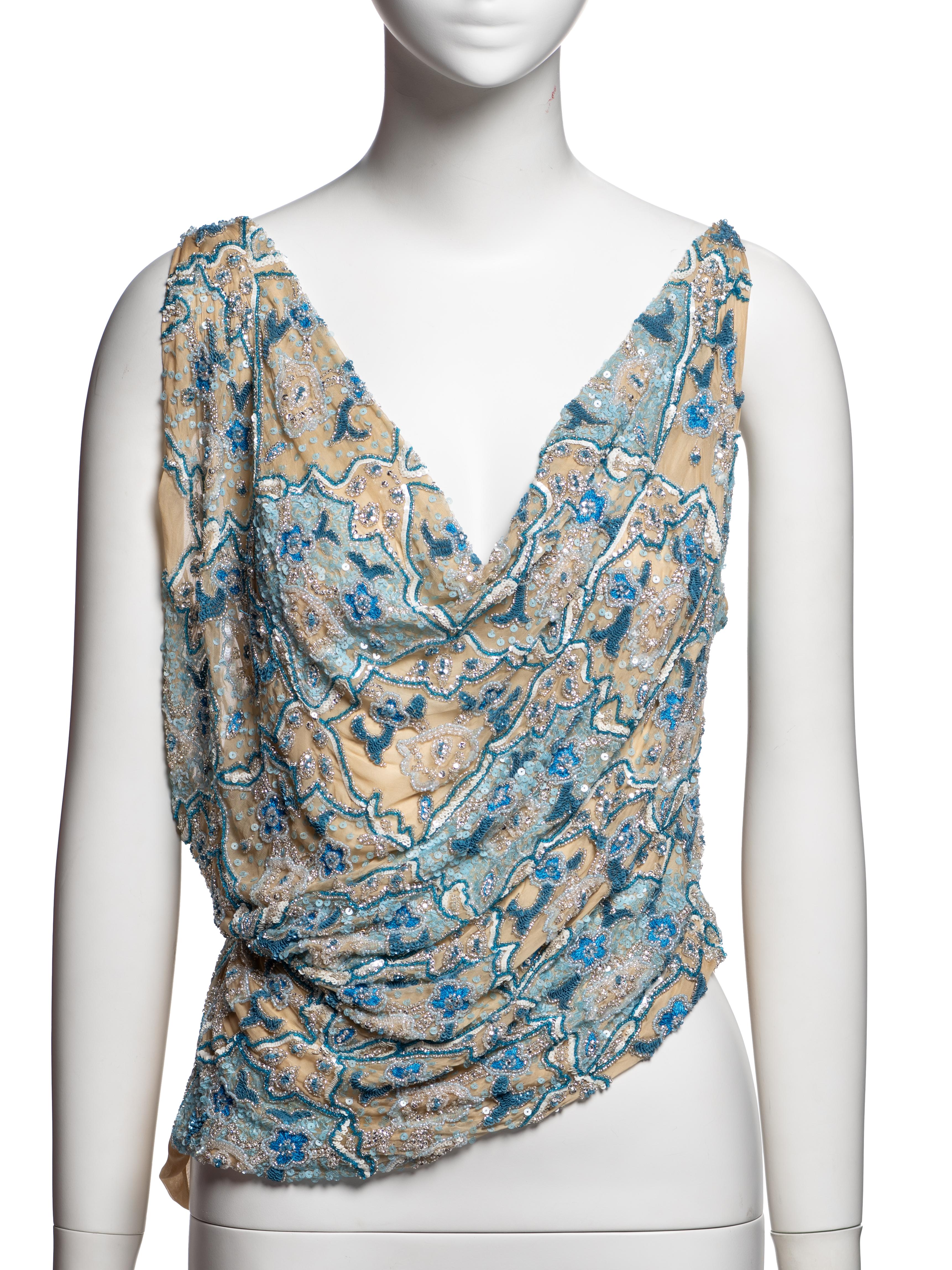 Dolce & Gabbana Top drapeado de seda adornado con cristales, FW 1999 Gris en venta