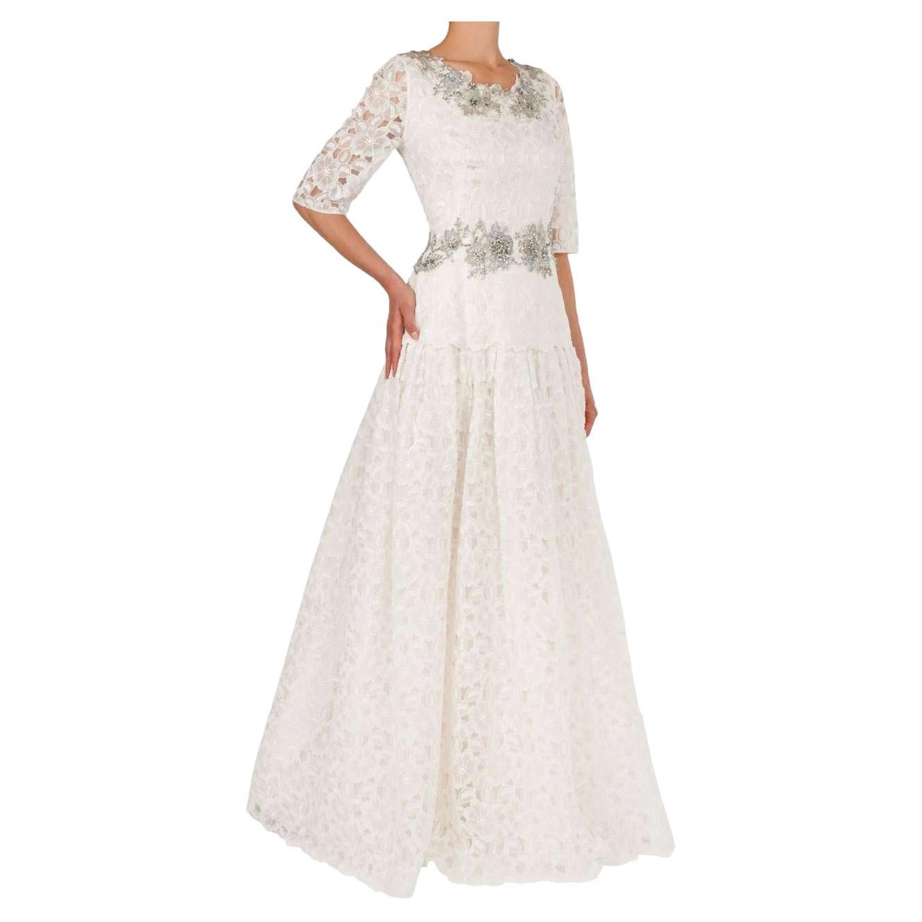 Dolce & Gabbana Maxi-Hochzeitskleid aus weißer Spitze mit Kristall-Stickerei und Blumenstickerei 46 M L