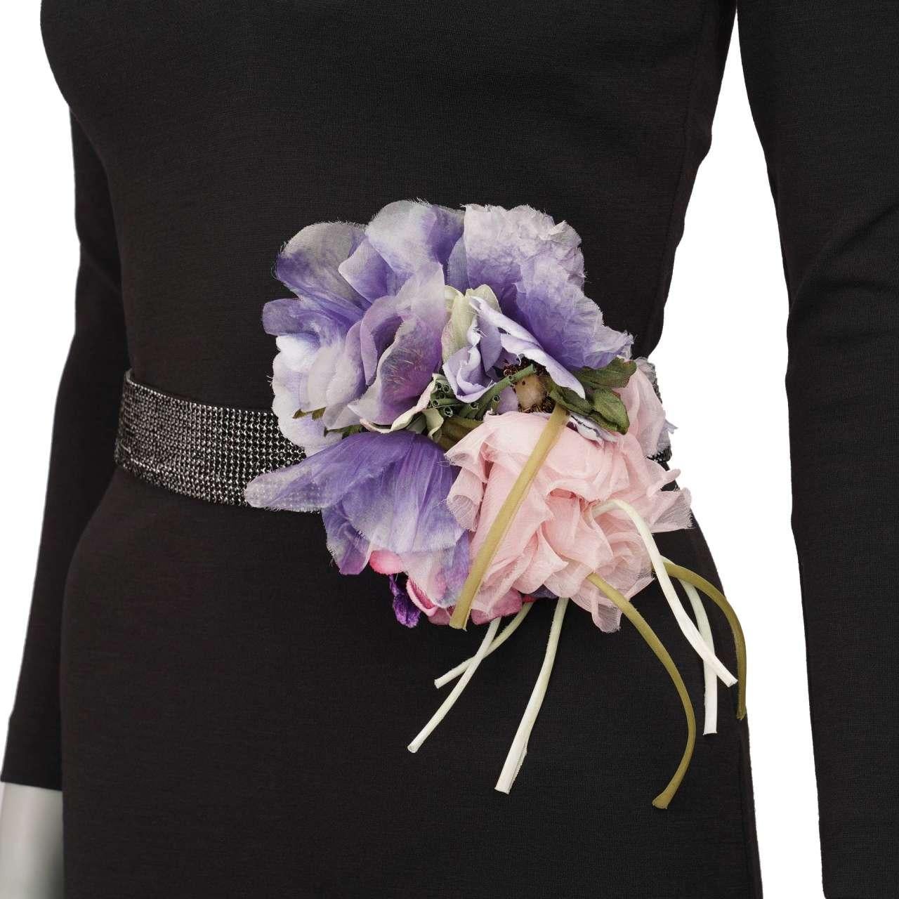 Dolce & Gabbana - Crystal Flower Brooch Dress Belt Purple Black IT 40 In Excellent Condition For Sale In Erkrath, DE