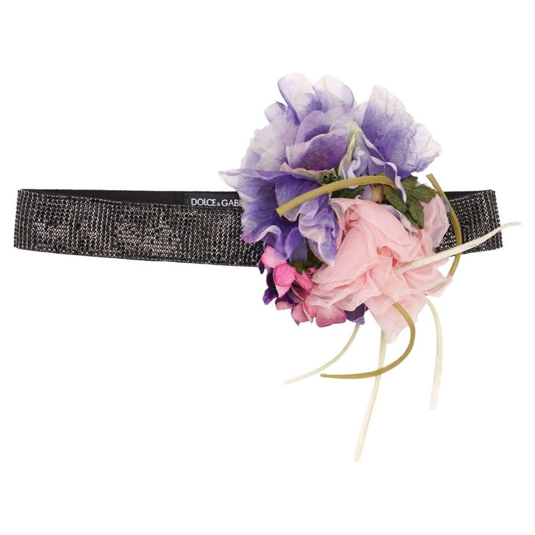 Dolce and Gabbana Crystal Flower Brooch Dress Belt Purple Black IT 40