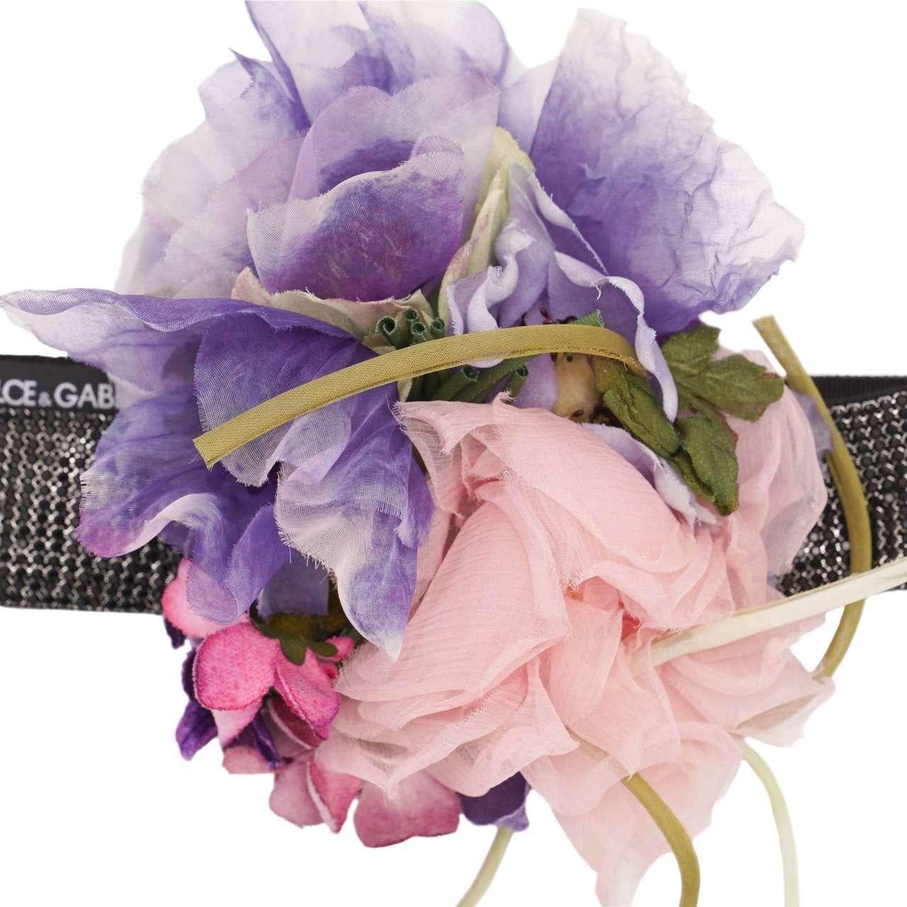 - Belt for dress covered with crystals and silk flower brooch in purple and black by DOLCE & GABBANA - New with Tag - MADE IN ITALY - Modell: FB279Z-GDBBV-S8000 - Material: 90% Crystals, 10% Brass - Lining: 60% Cotton, 40% Acetate - Embroidery: 67%