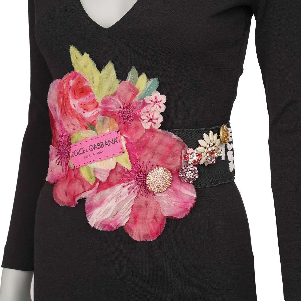 Women's Dolce & Gabbana Crystal Flower Brooch Embroidery Dress Belt Pink Black IT 42