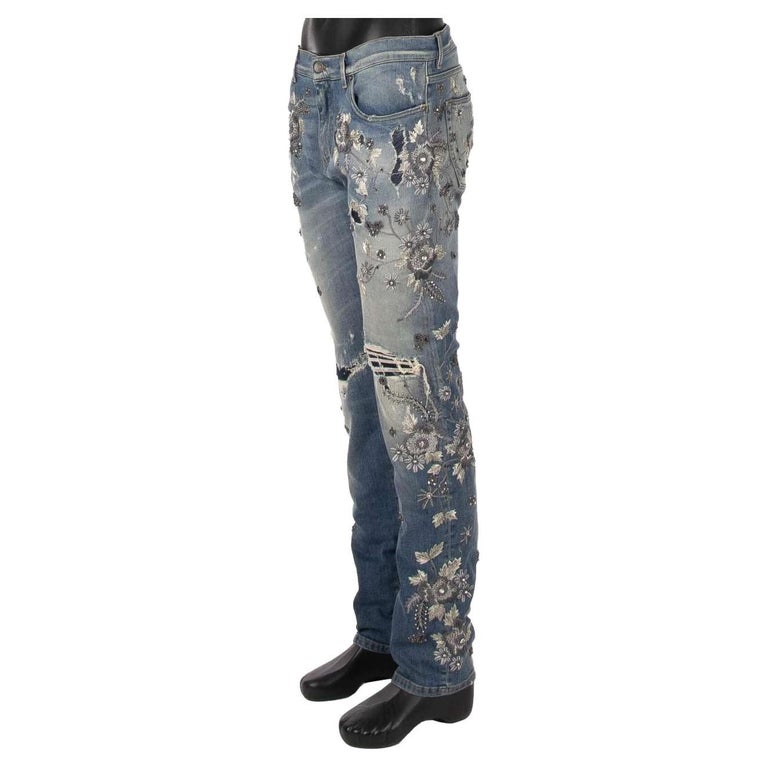 Dolce and Gabbana Crystal Flower Embroidery Distressed Jeans Light Blue 52  L For Sale at 1stDibs