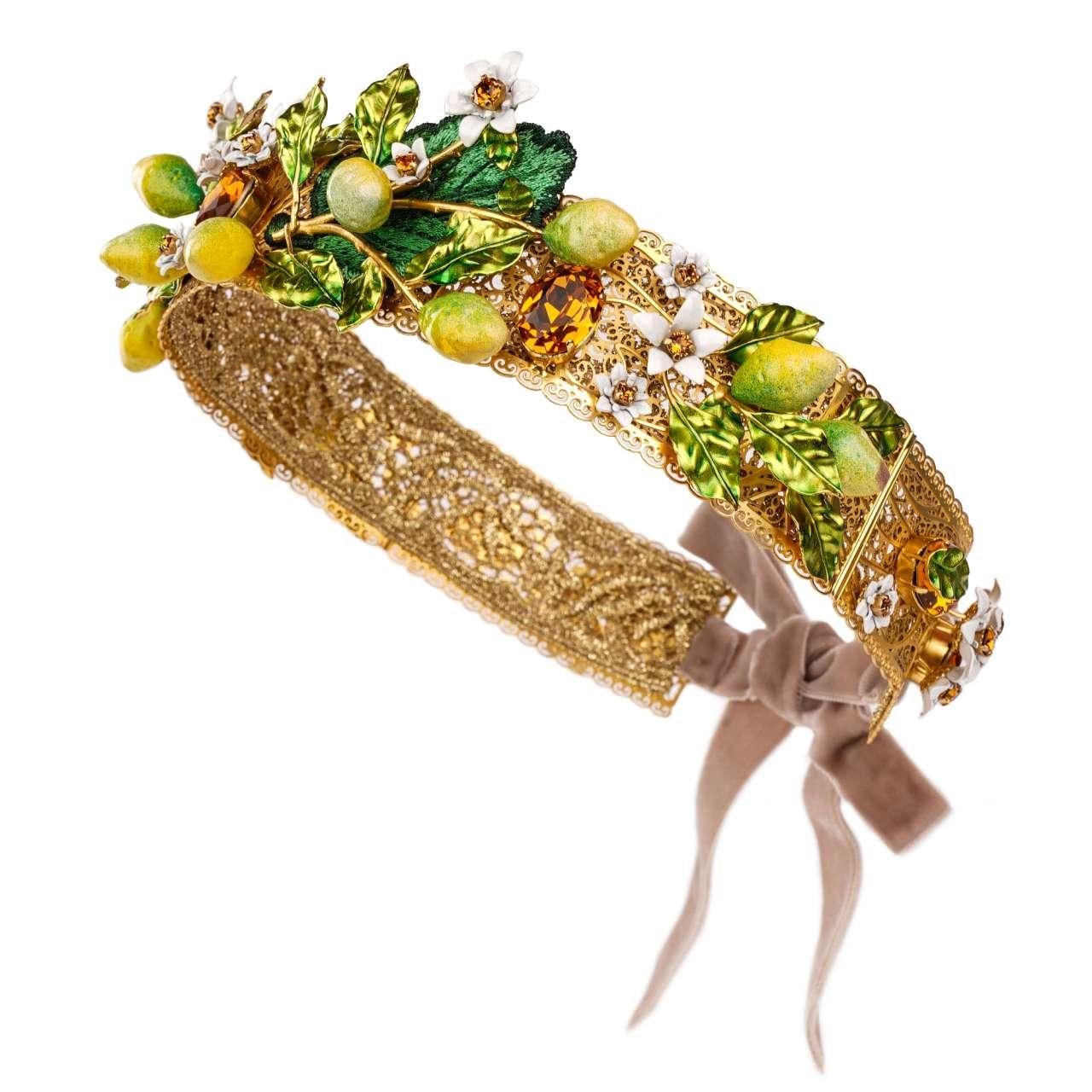 - Filigree Tiara Crown with lemons, flowers, crystals and embroidered leaves in yellow, green and gold by DOLCE & GABBANA - Former RRP: EUR 1.450 - RUNWAY - Dolce & Gabbana Fashion Show - New with Tag - MADE IN ITALY - Colorful crystals - Nickel